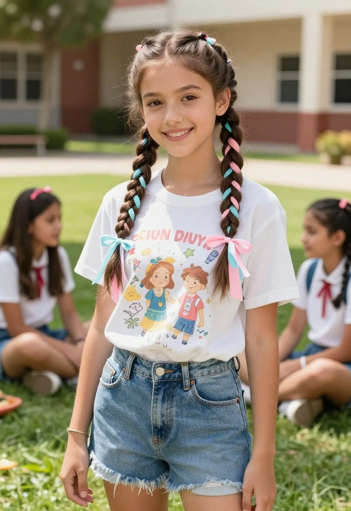 18 Aesthetic Hairstyles with Ribbon to Rock Back to School - 1. Ribbon Braided Pigtails 1