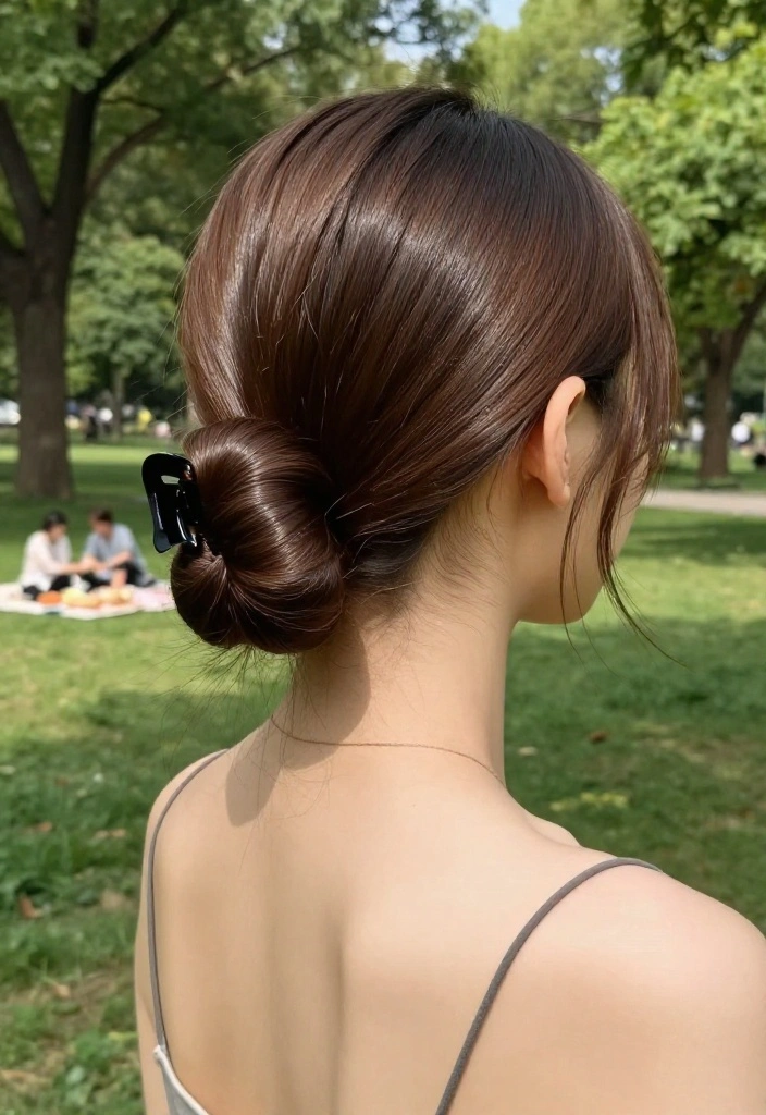18 Claw Clip Summer Updo Hairstyles You Can Do in Seconds - 5. Sleek Low Bun with Claw Clip 1