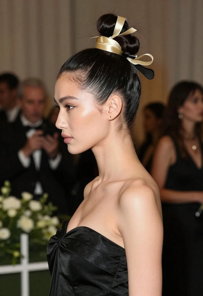 18 Elegant Hairstyles with Ribbon Perfect for Special Occasions - 12. Bold High Bun with Contrasting Ribbons 1