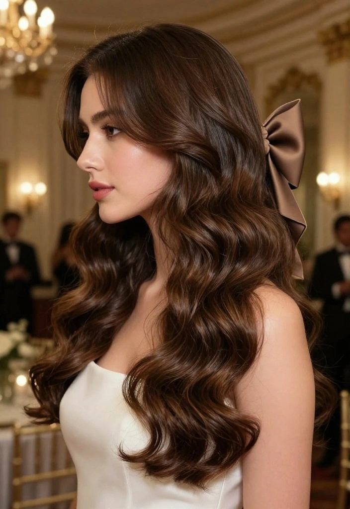 18 Elegant Hairstyles with Ribbon Perfect for Special Occasions - 16. Flowy Waves with a Statement Bow 1