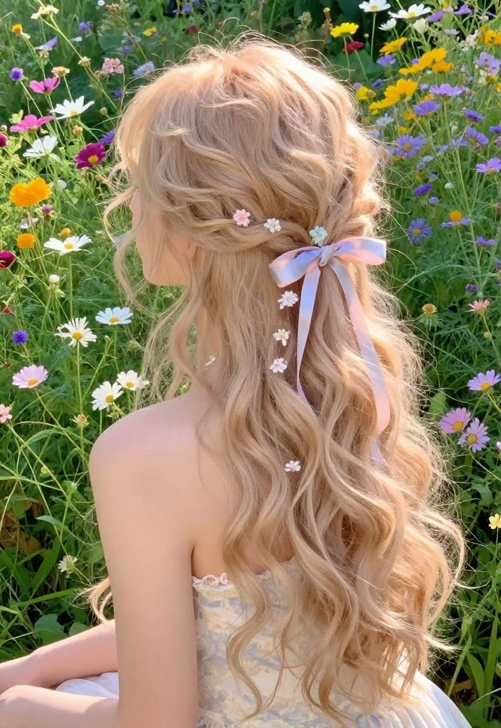 18 Elegant Hairstyles with Ribbon Perfect for Special Occasions - 4. Dreamy Half-Up, Half-Down with Floral Ribbons 1