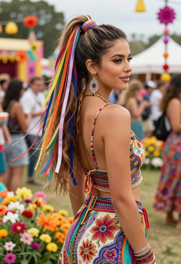 18 Elegant Hairstyles with Ribbon Perfect for Special Occasions - 9. Boho Ponytail with Colorful Ribbons 1