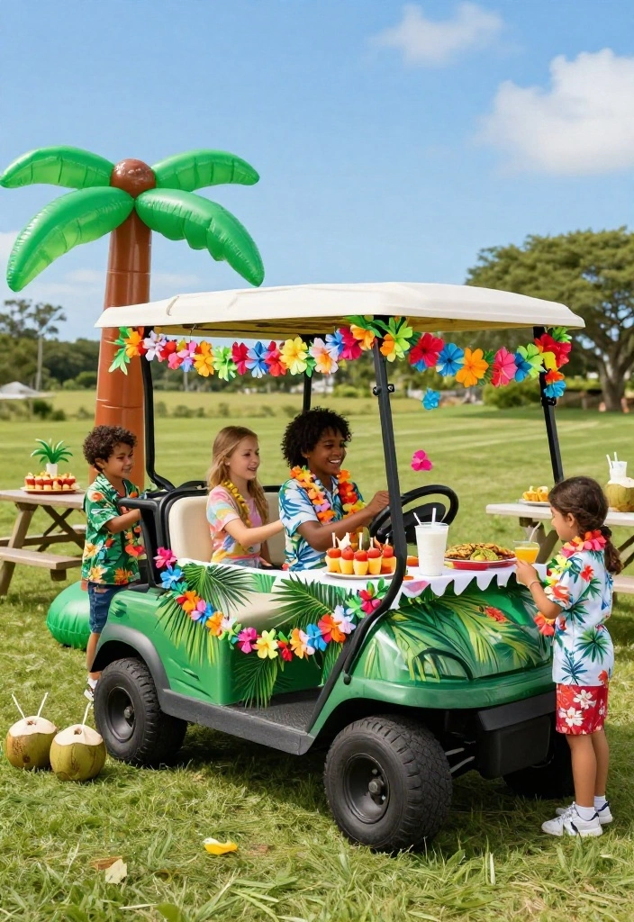 18+ Golf Cart Birthday Party Decor Ideas Your Kids Will Love - 1. Tropical Luau Theme 1