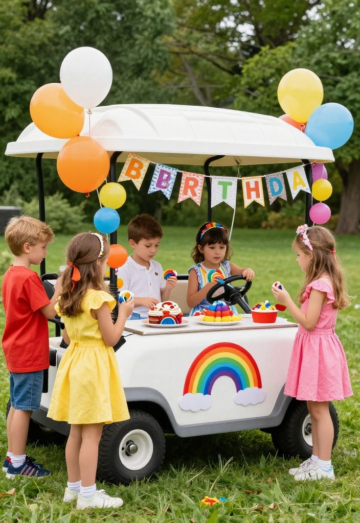 18+ Golf Cart Birthday Party Decor Ideas Your Kids Will Love - 8. Rainbow Wonderland 1