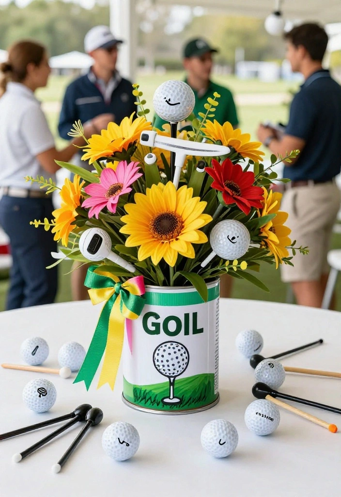 18 Golf Themed Centerpiece Ideas for a Stunning Party Table - 17. Golf-Themed Paint Can Centerpiece 1