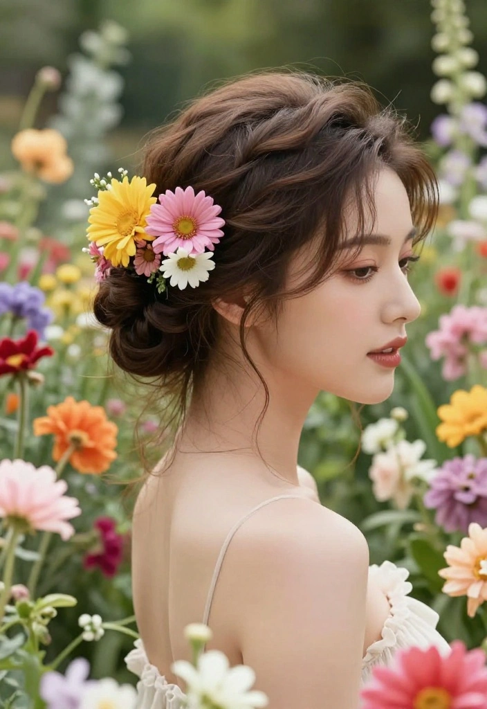 18 Quick Summer Updo Hairstyles for Medium Length Hair That Will Make You Look Fabulous! - 18. Floral Updo 1