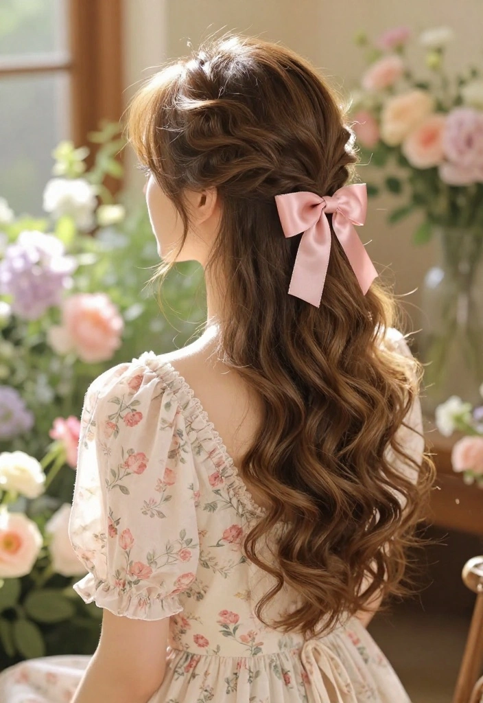 18 Simple Half-Up Hairstyles with Ribbon Ties for a Soft Look - 1. The Classic Bow 1