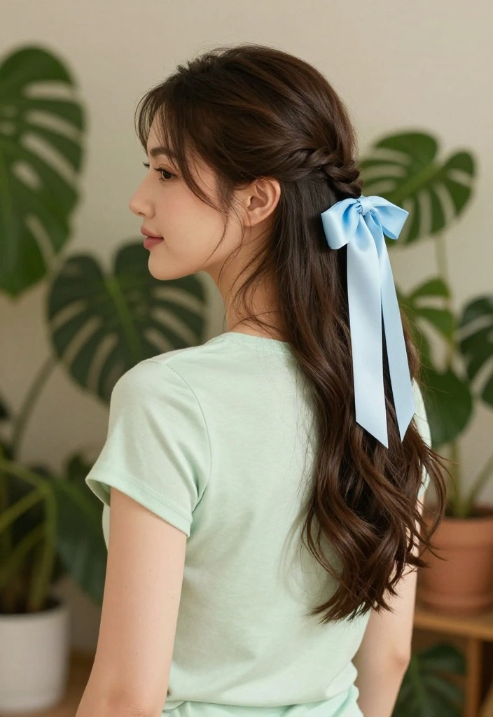 18 Simple Half-Up Hairstyles with Ribbon Ties for a Soft Look - 12. Half-Up Loop with Ribbon 1