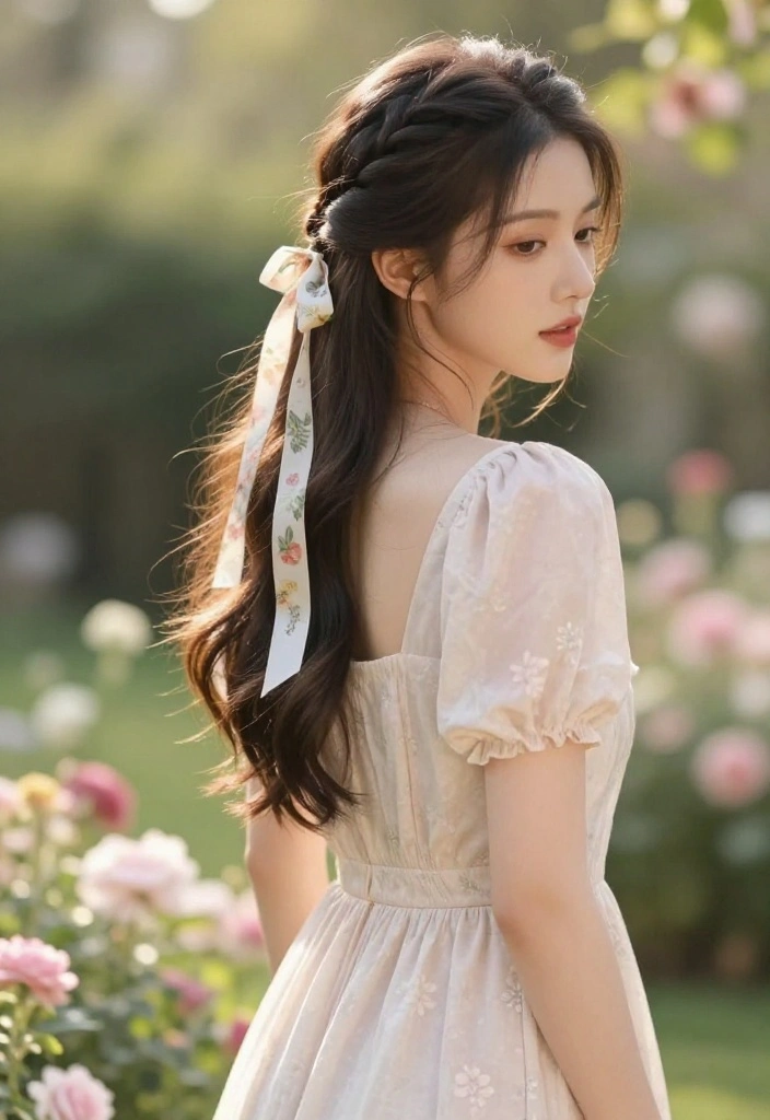 18 Simple Half-Up Hairstyles with Ribbon Ties for a Soft Look - 13. Twisted Half-Up with Floral Ribbon 1