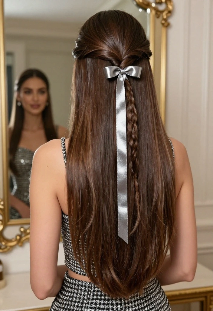 18 Simple Half-Up Hairstyles with Ribbon Ties for a Soft Look - 16. Glossy Half-Up Twist 1