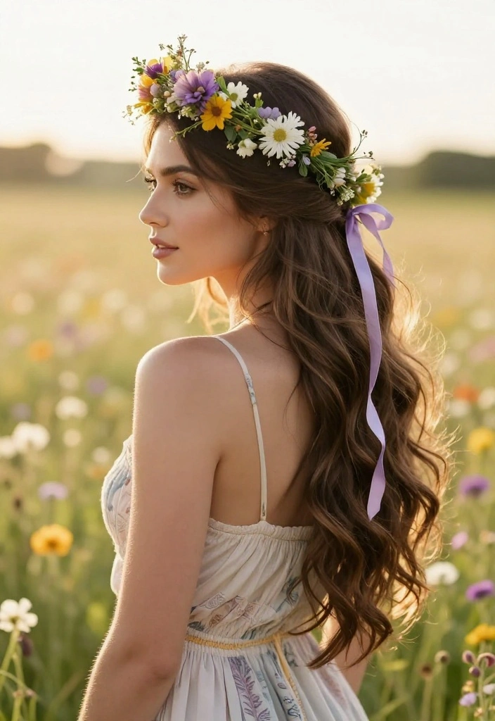 18 Simple Half-Up Hairstyles with Ribbon Ties for a Soft Look - 3. The Floral Crown Half-Up 1