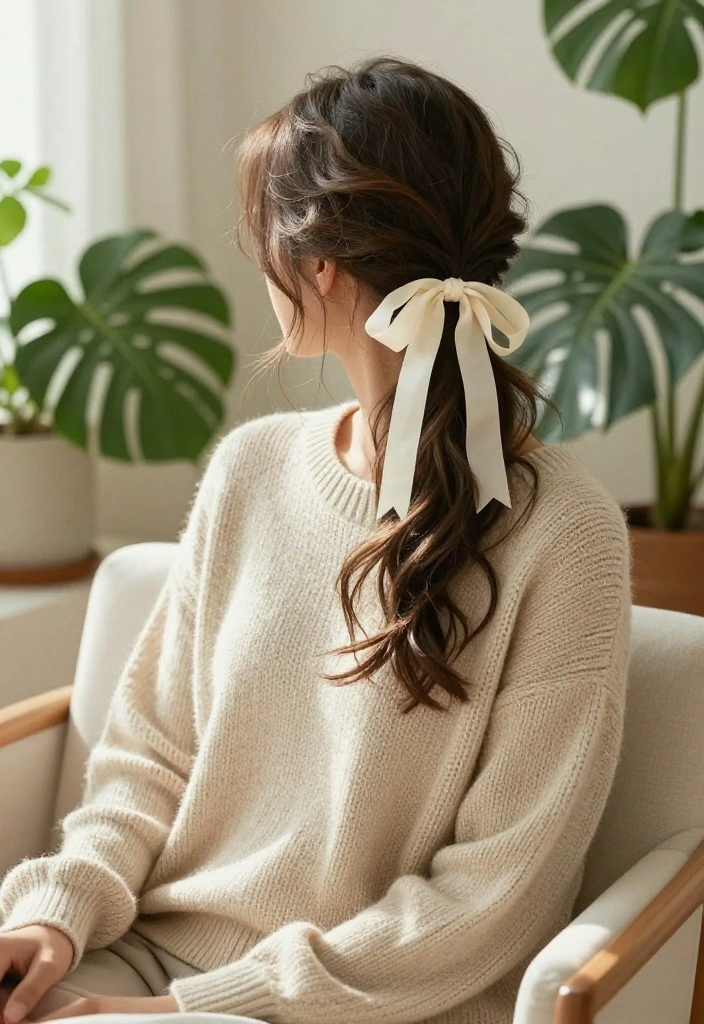 18 Simple Half-Up Hairstyles with Ribbon Ties for a Soft Look - 4. Messy Half-Up Bun with Ribbon 1