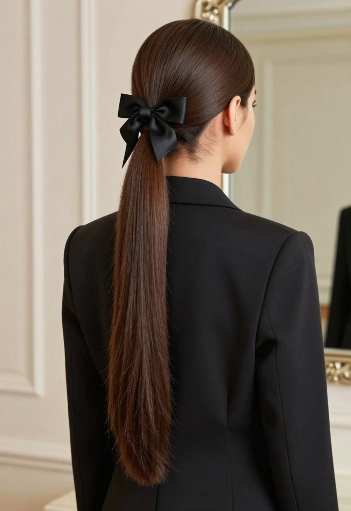18 Simple Half-Up Hairstyles with Ribbon Ties for a Soft Look - 7. Sleek Half-Up Ponytail 1