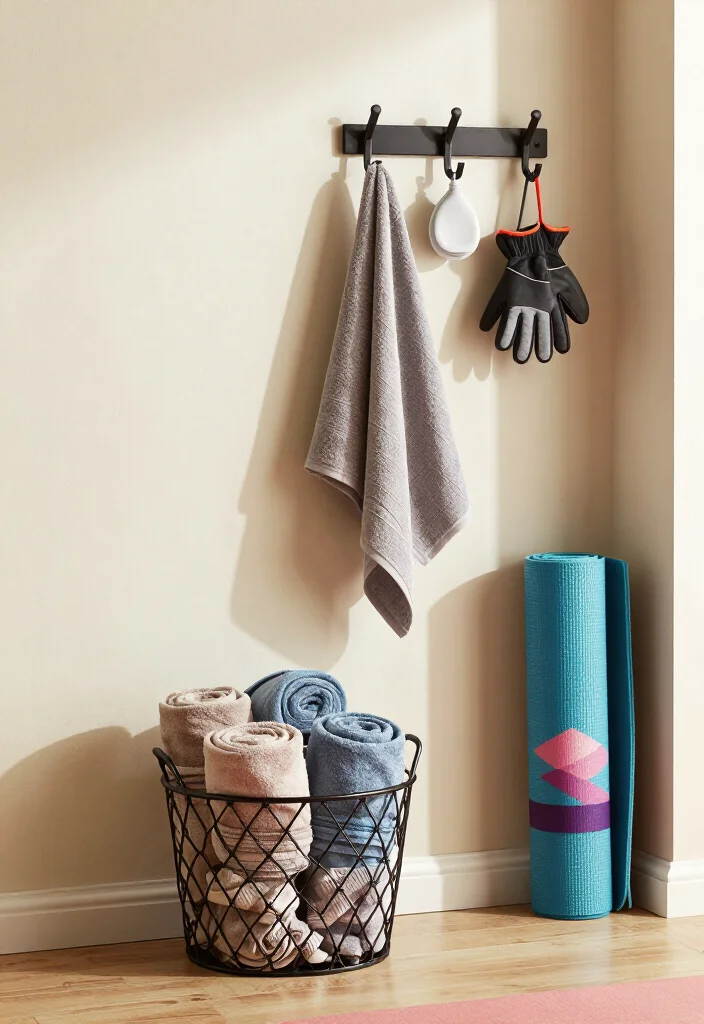 18 Small Home Gym Ideas That Fit in Apartments, Spare Rooms, and Tight Corners - 17. Gym Towel and Accessories Station 1