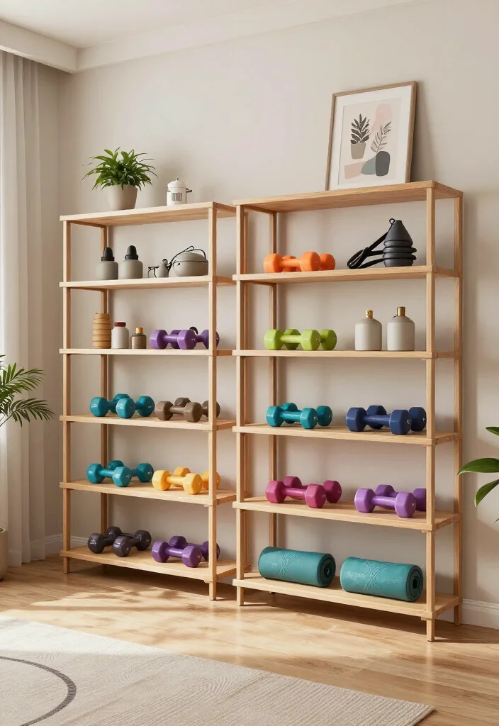 18 Small Home Gym Ideas That Fit in Apartments, Spare Rooms, and Tight Corners - 7. Stylish Shelving Units 1