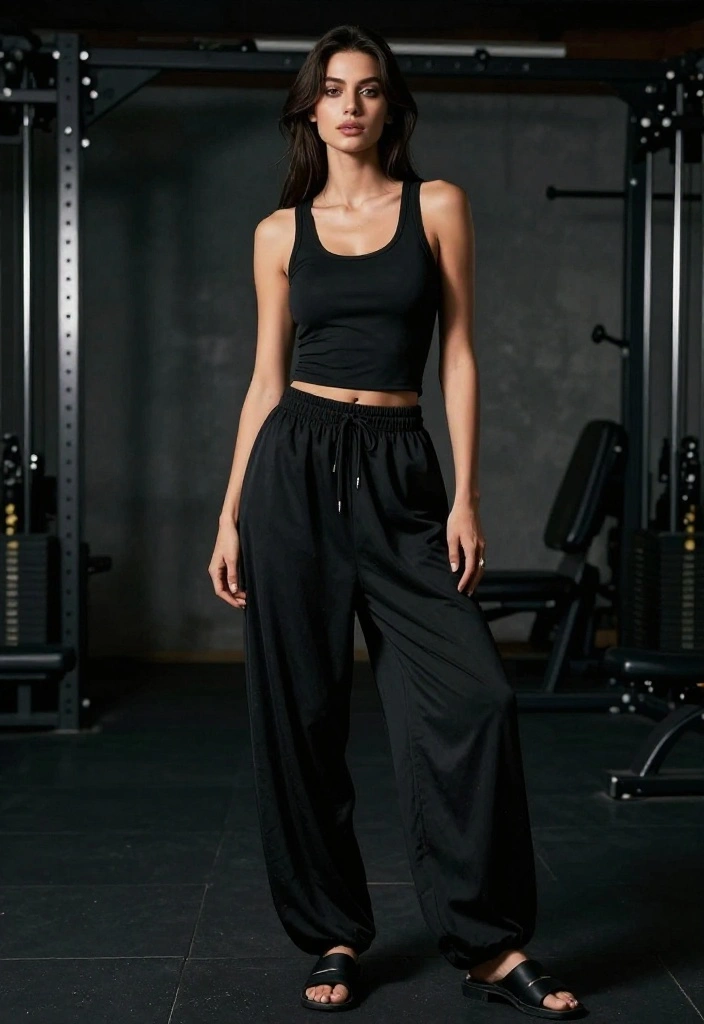 19 Alt Aesthetic Gym Outfit Ideas With Dark, Edgy, and Unique Vibes - 17. Harem Pants and Fitted Tank 1