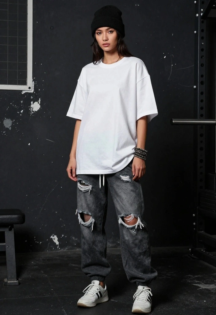 19 Alt Aesthetic Gym Outfit Ideas With Dark, Edgy, and Unique Vibes - 2. Oversized Band Tee and Distressed Joggers 1