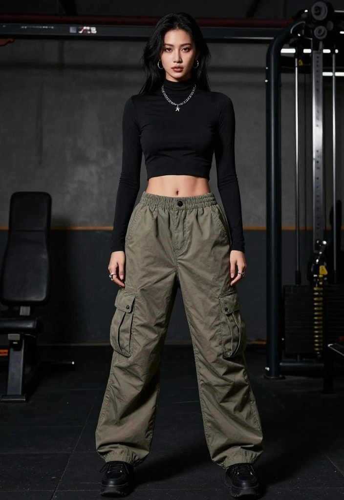 19 Alt Aesthetic Gym Outfit Ideas With Dark, Edgy, and Unique Vibes - 3. High-Neck Crop Top and Cargo Pants 1