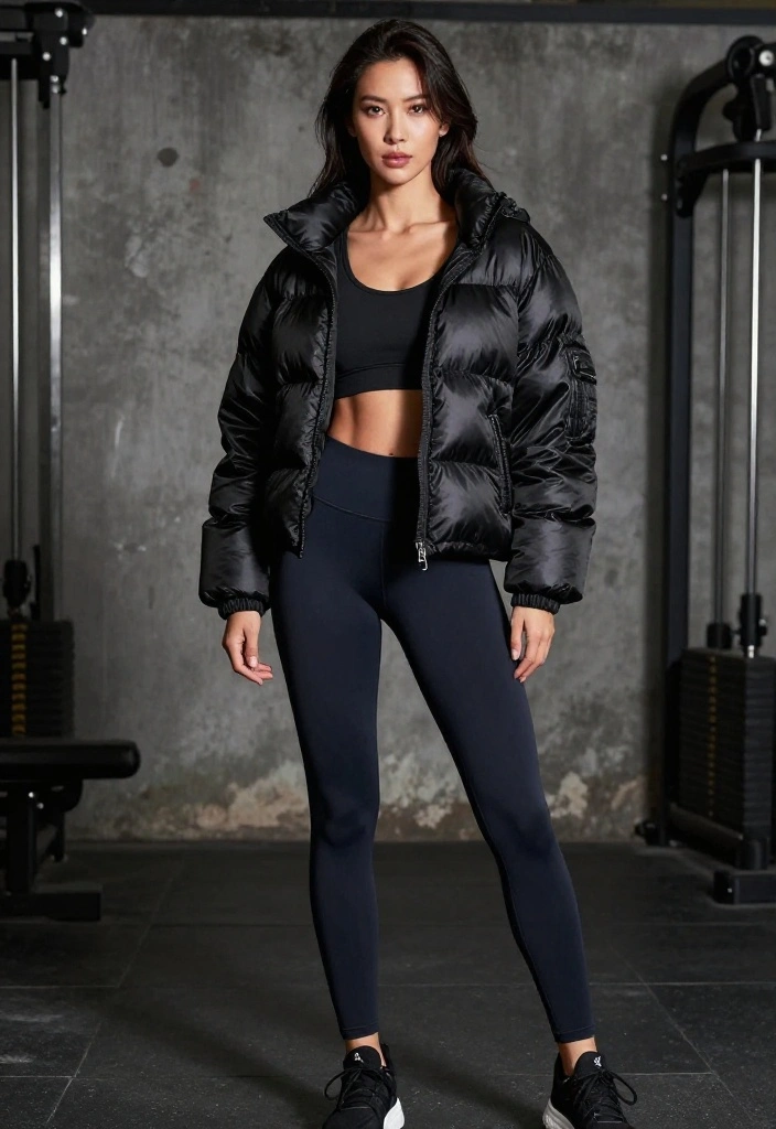 19 Alt Aesthetic Gym Outfit Ideas With Dark, Edgy, and Unique Vibes - 6. Padded Jacket and Fitted Leggings 1