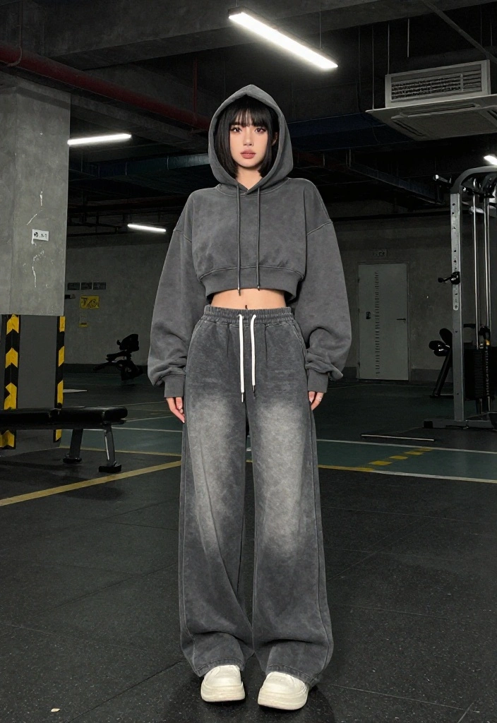 19 Alt Aesthetic Gym Outfit Ideas With Dark, Edgy, and Unique Vibes - 7. Cropped Hoodie and Wide-Legged Trousers 1
