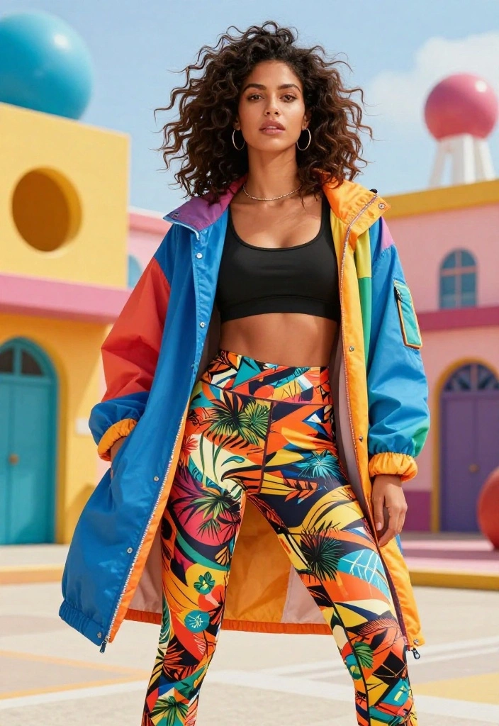 19 Alt Gym Outfit Ideas Featuring Bold Prints, Dark Colors, and Unexpected Details - 11. Retro Windbreaker with Printed Leggings 1