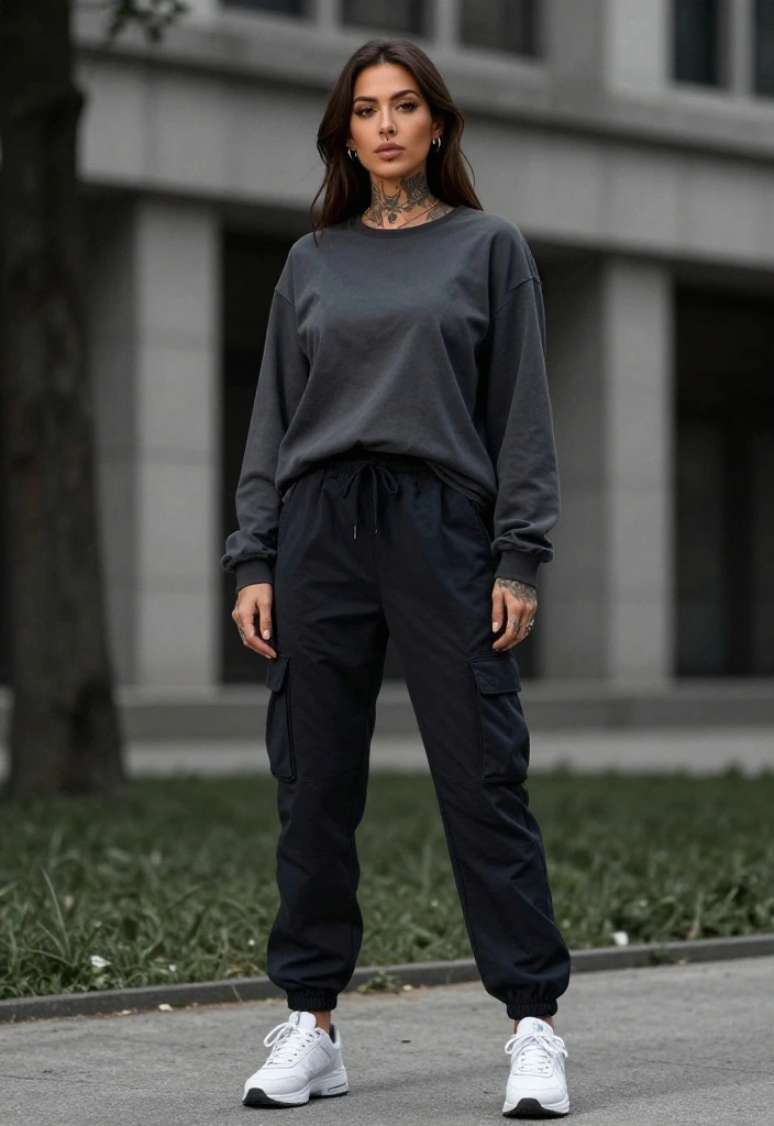 19 Alt Gym Outfit Ideas Featuring Bold Prints, Dark Colors, and Unexpected Details - 4. Layered Long Sleeve Tee with Cargo Joggers 1