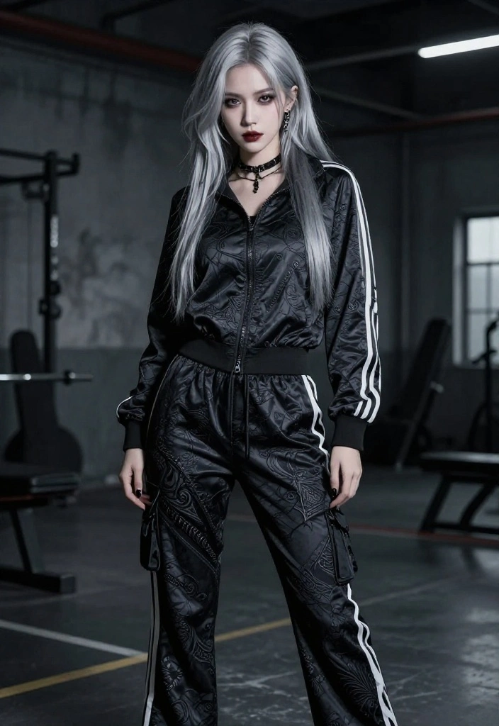 19 Alt Gym Outfit Ideas Featuring Bold Prints, Dark Colors, and Unexpected Details - 6. Gothic-Inspired Tracksuit 1