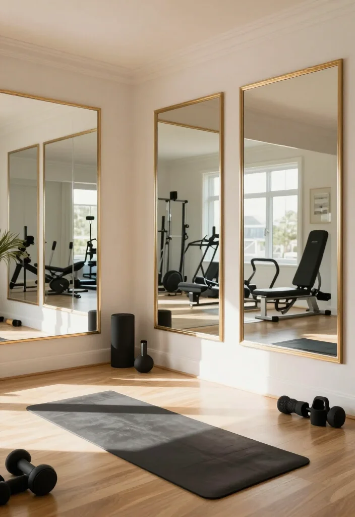 19 Budget Home Gym Ideas Under $500 That Still Feel Complete and Professional - 8. Design a Creative Wall with Mirrors 1