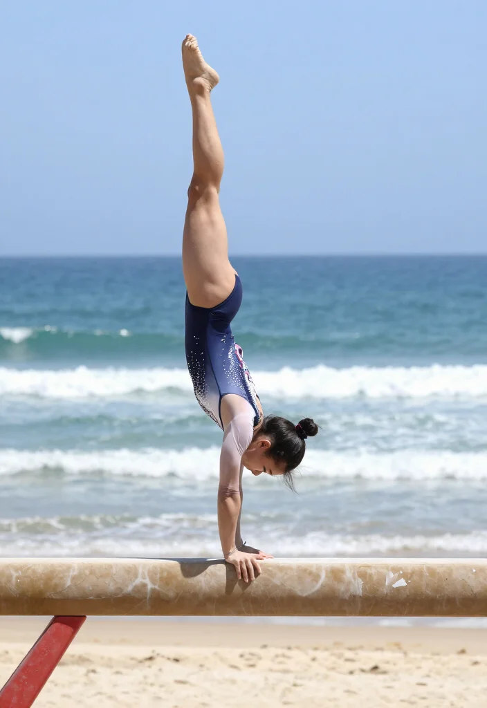 19 Captivating Outdoor Gymnastics Photo Ideas That Showcase Flexibility and Strength! - 2. Beachside Balance Beam 1