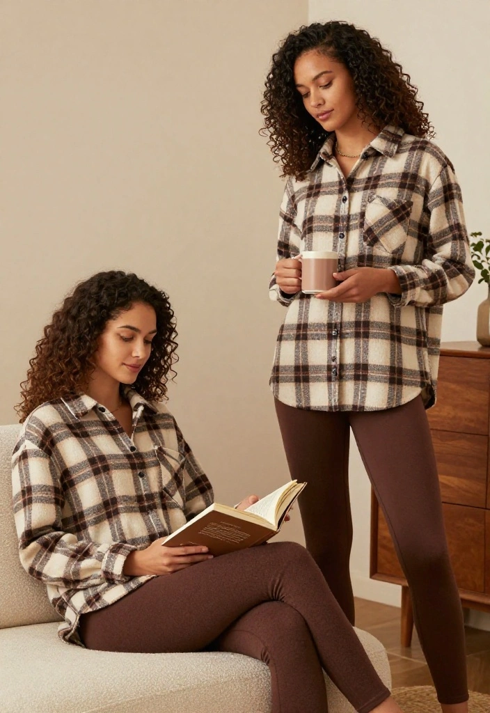 19 Casual Workout Outfit Ideas for Rest Days That Are Still Stylish and Cozy - 16. Cozy Plaid Shirt and Fleece Leggings 1