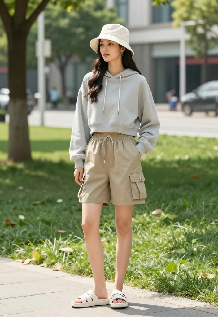 19 Casual Workout Outfits You Can Actually Wear to Run Errands After the Gym - 11. Cropped Hoodie and Utility Shorts 1