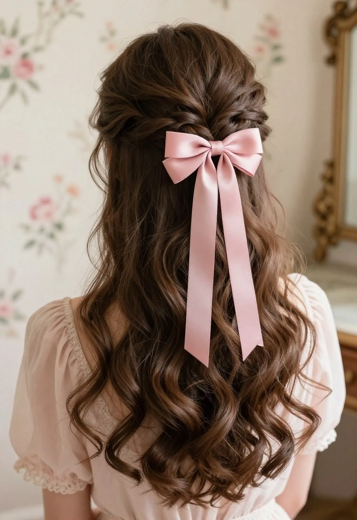 19 Coquette Hairstyles with Ribbon for the Ultimate Girly Vibe - 1. Romantic Half-Up Half-Down 1