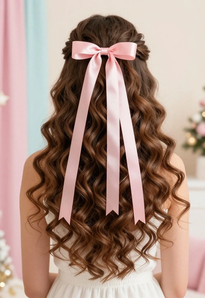 19 Coquette Hairstyles with Ribbon for the Ultimate Girly Vibe - 11. Bouncy Curls with Satin Ribbon 1
