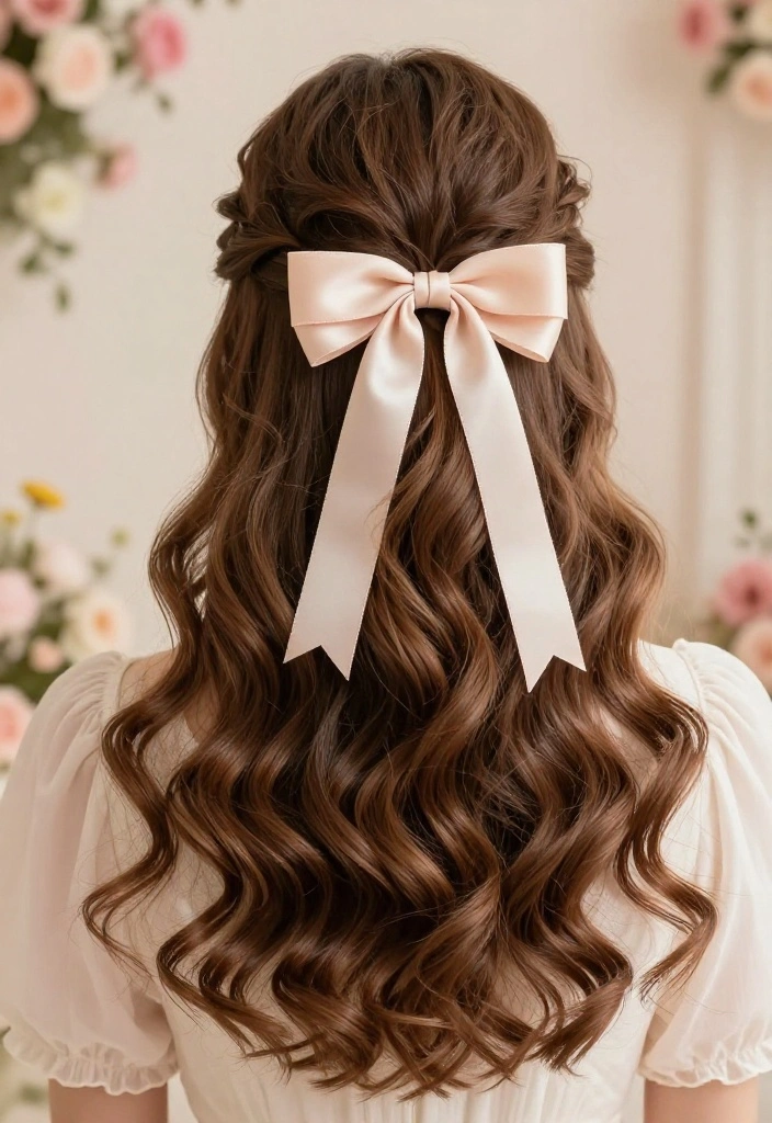 19 Coquette Hairstyles with Ribbon for the Ultimate Girly Vibe - 16. Elegant Loose Waves with Bow 1