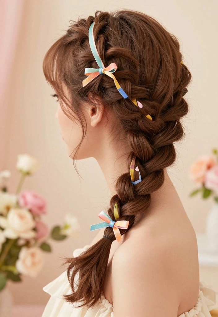 19 Coquette Hairstyles with Ribbon for the Ultimate Girly Vibe - 17. Delicate Fishtail Braid with Ribbon 1