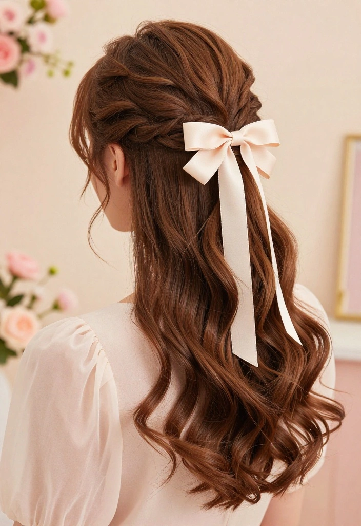19 Coquette Hairstyles with Ribbon for the Ultimate Girly Vibe - 18. Sweet Twist and Pin with Ribbon 1