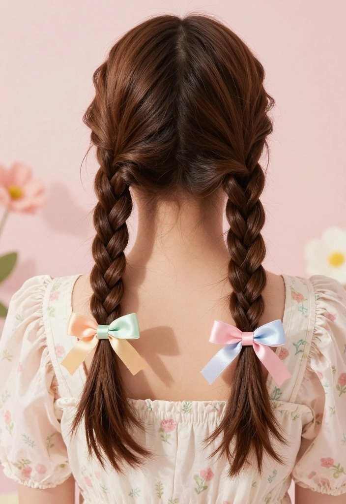 19 Coquette Hairstyles with Ribbon for the Ultimate Girly Vibe - 2. Bow-Tied Braids 1