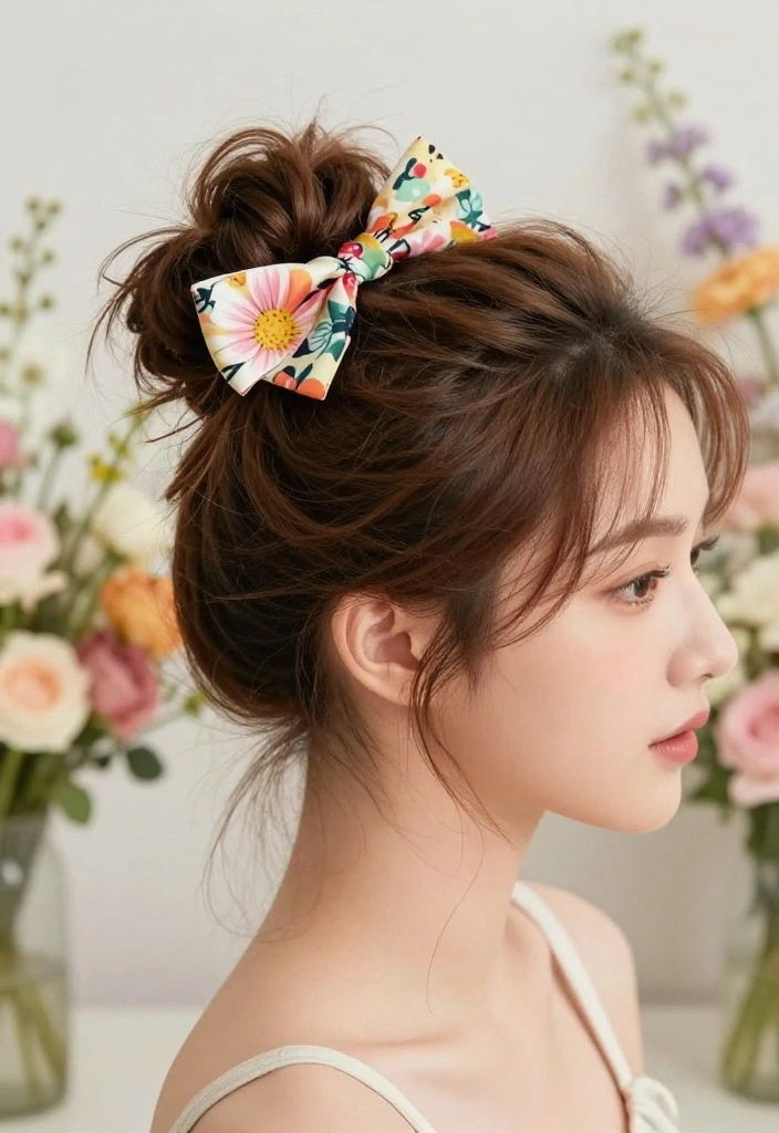 19 Coquette Hairstyles with Ribbon for the Ultimate Girly Vibe - 5. Messy Bun with Floral Ribbon 1