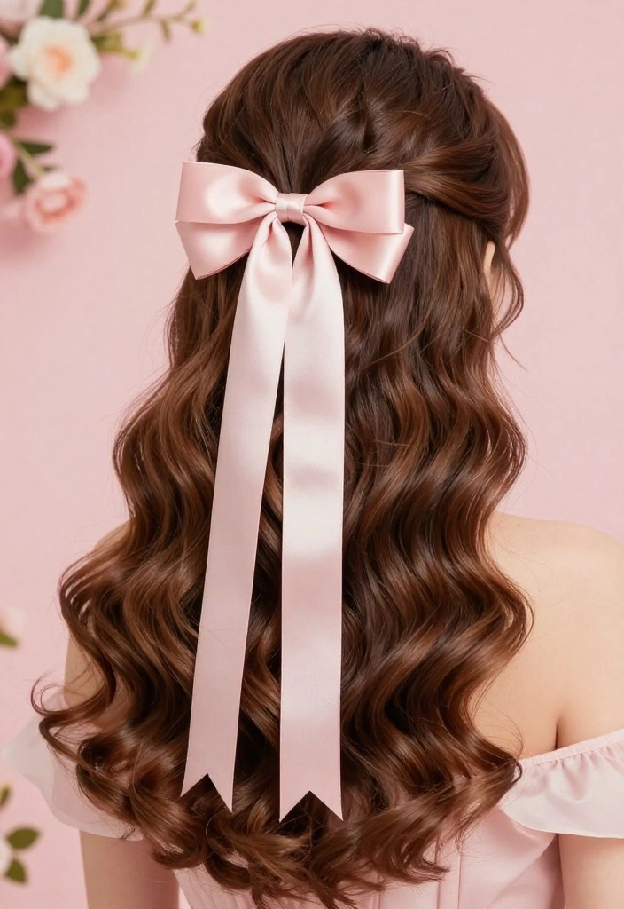 19 Coquette Hairstyles with Ribbon for the Ultimate Girly Vibe - 7. Side-Swept Waves with Ribbon 1