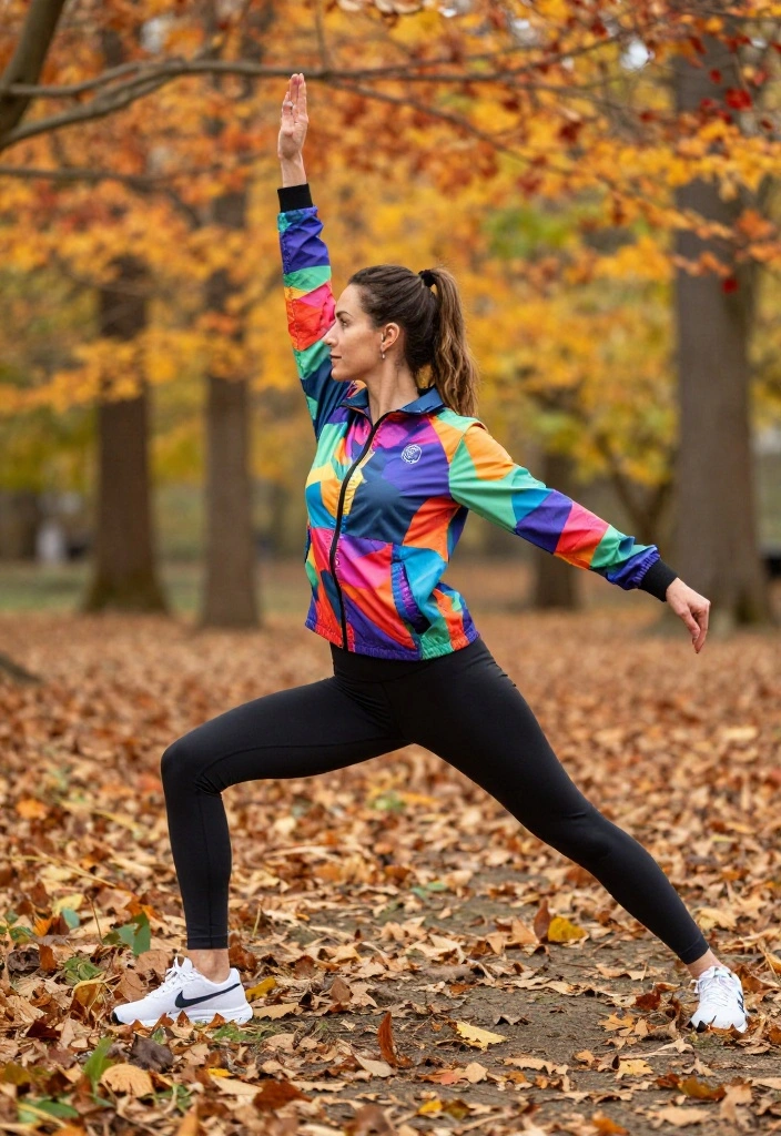 19 Cozy Fall Workout Outfit Ideas for Outdoor Runs and Morning Hikes - 17. Colorful Windbreaker and Yoga Pants 1