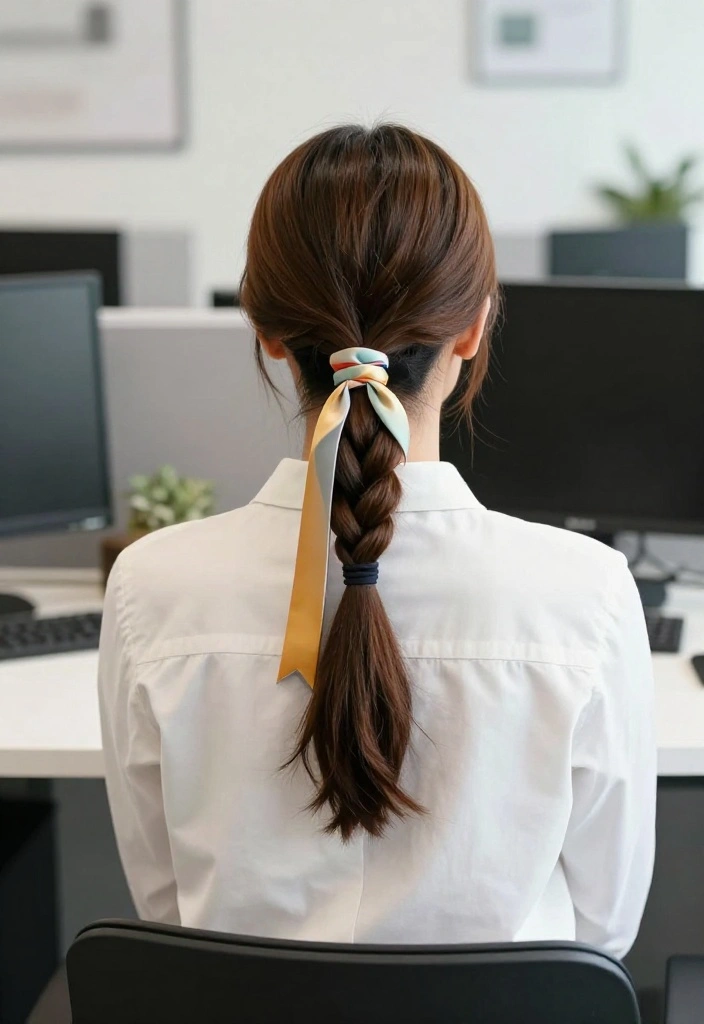 19 Cute Ponytail Hairstyles with Ribbon You Can Wear to Work - 12. Fishtail Braid Ponytail with a Colorful Ribbon 1