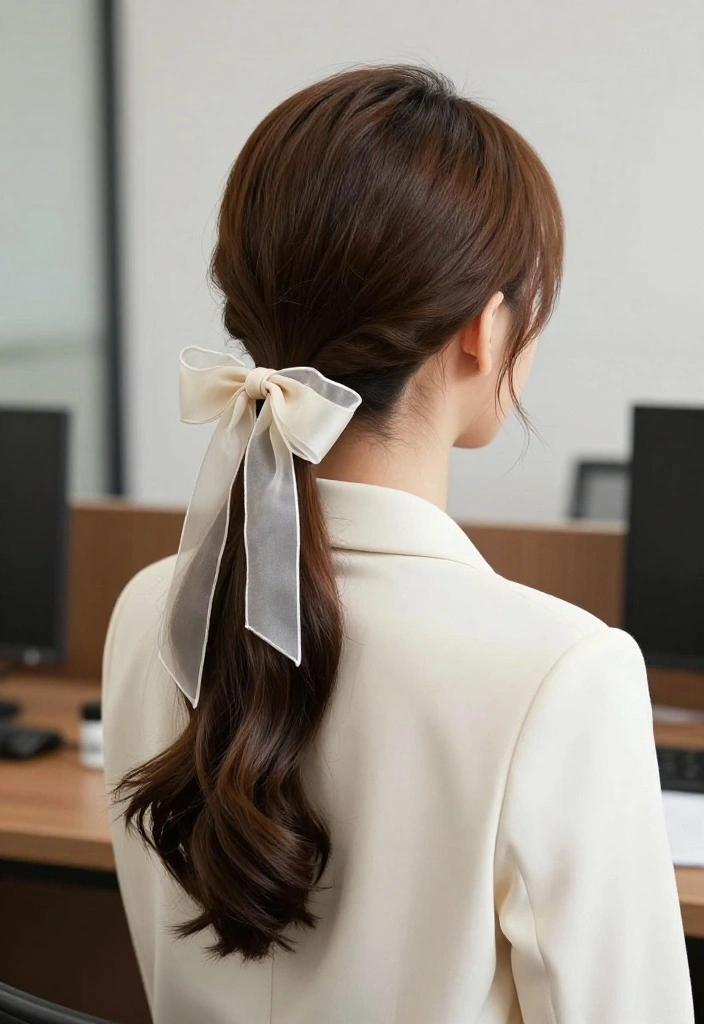 19 Cute Ponytail Hairstyles with Ribbon You Can Wear to Work - 13. Low Ponytail with a Chiffon Ribbon 1