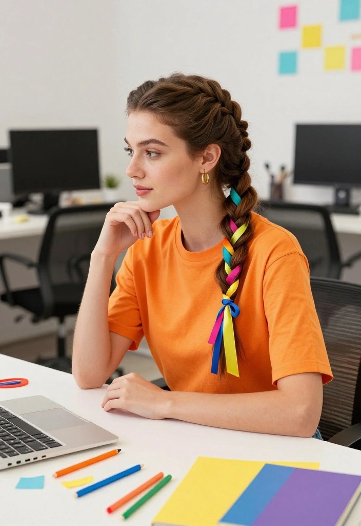 19 Cute Ponytail Hairstyles with Ribbon You Can Wear to Work - 14. Side Braid Ponytail with a Bright Ribbon 1
