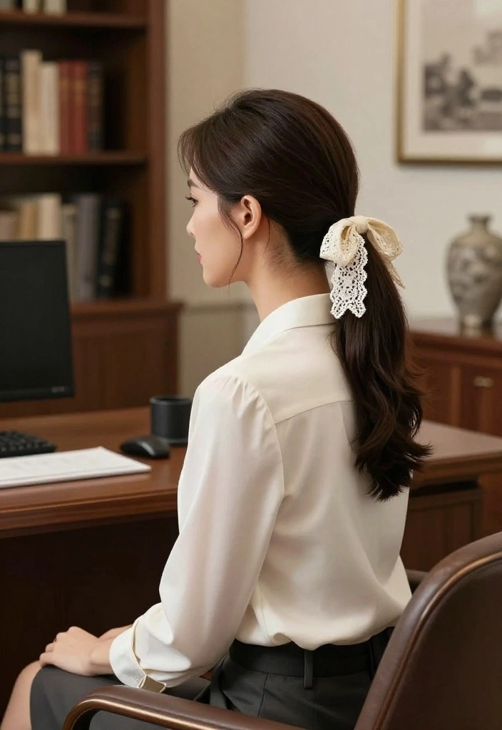 19 Cute Ponytail Hairstyles with Ribbon You Can Wear to Work - 17. Elegant Sleek Low Ponytail with a Lace Ribbon 1