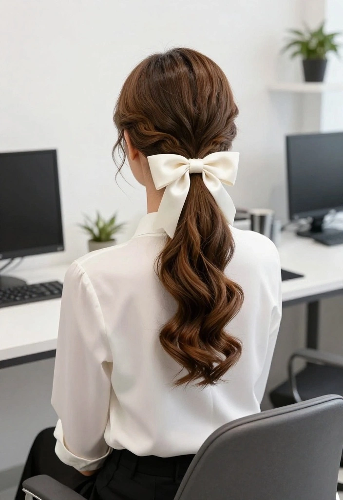 19 Cute Ponytail Hairstyles with Ribbon You Can Wear to Work - 19. Elegant Twist Ponytail with a Satin Bow 1