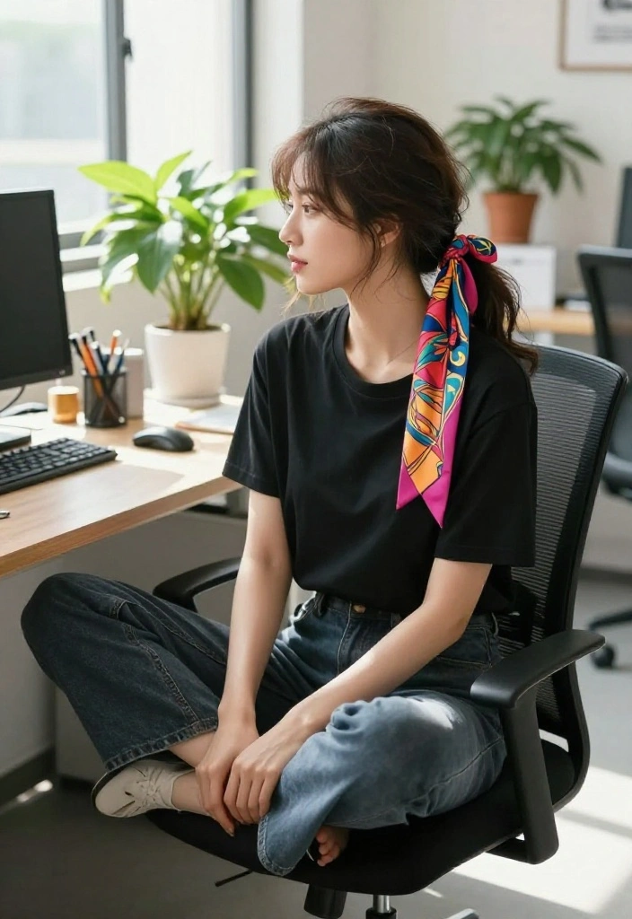 19 Cute Ponytail Hairstyles with Ribbon You Can Wear to Work - 2. Low Messy Ponytail with a Patterned Ribbon 1
