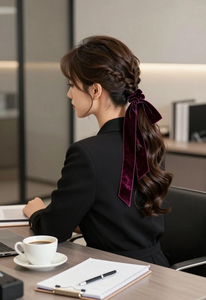 19 Cute Ponytail Hairstyles with Ribbon You Can Wear to Work - 4. Twisted Ponytail with a Velvet Ribbon 1