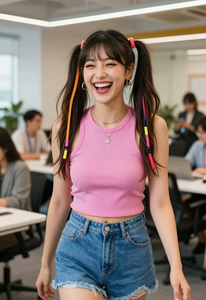19 Cute Ponytail Hairstyles with Ribbon You Can Wear to Work - 5. Double Ponytails with a Colorful Ribbon 1