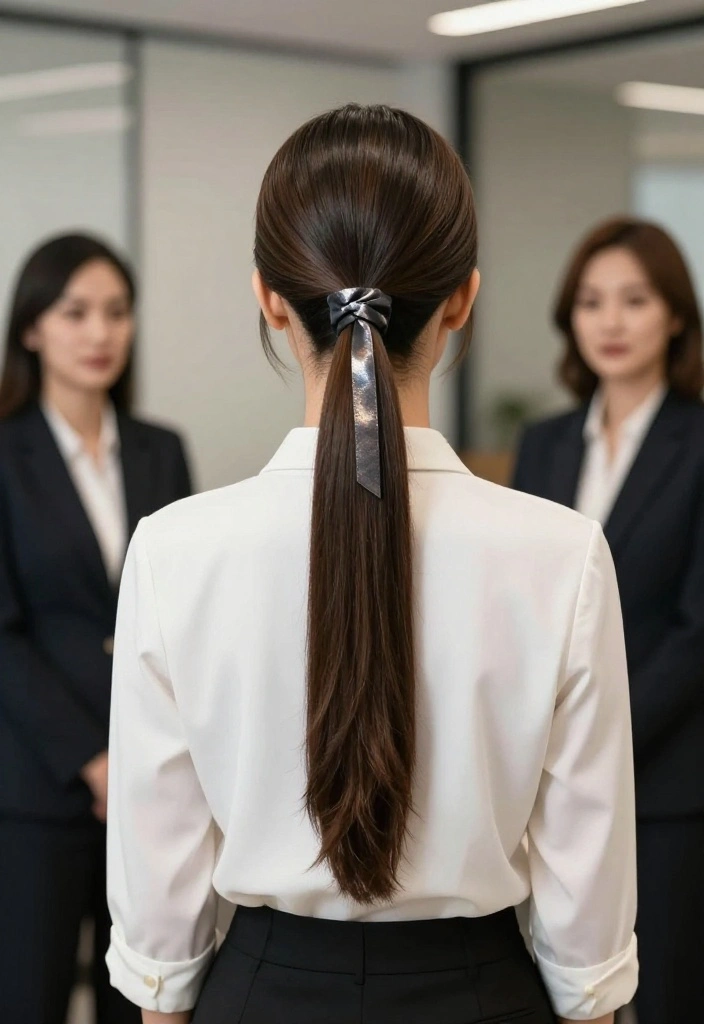 19 Cute Ponytail Hairstyles with Ribbon You Can Wear to Work - 8. High Ponytail with a Metallic Ribbon 1