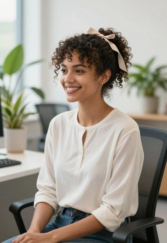 19 Cute Ponytail Hairstyles with Ribbon You Can Wear to Work - 9. Curly Ponytail with a Soft Ribbon 1